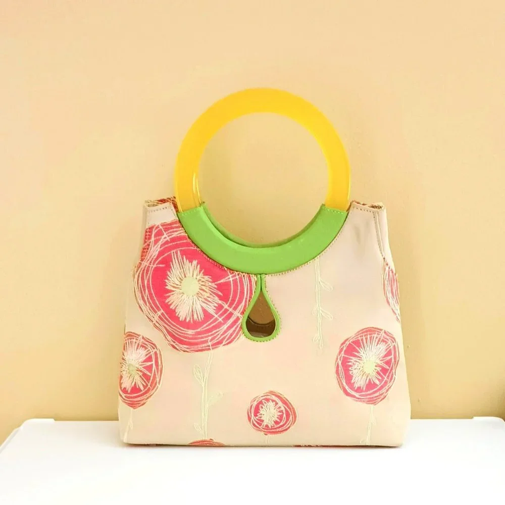 Preston & York Mod Floral Handbag. Women's Yellow Acrylic Handles Retro Satchel